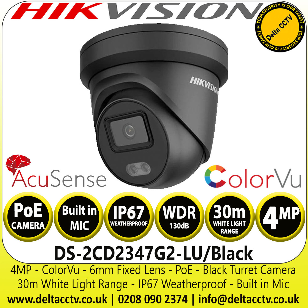 Hikvision DS-2CD2347G2-LU(6mm) (Black) 4MP ColorVu Outdoor Turret Black ...