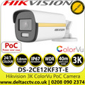 Hikvision 3K 2.8mm Fixed Lens Outdoor ColorVu PoC Bullet Camera, 40m White Light Range, 24-Hour Colour Image, IP67 Weatherproof - DS-2CE12KF3T-E(2.8MM)