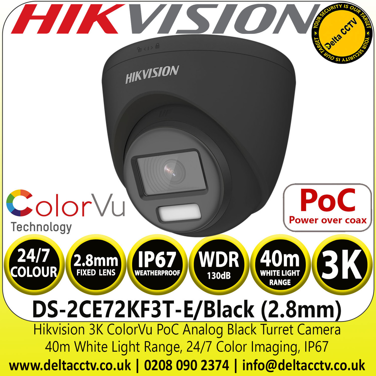 Hikvision DS-2CE72KF3T-E/B (2.8mm) 3K ColorVu PoC Outdoor Black Turret ...