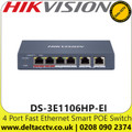 Hikvision 4 Port Fast Ethernet Smart POE Switch - 6 KV Surge Protection for PoE Ports - DS-3E1106HP-EI