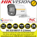 Hikvision 3K ColorVu PoC Outdoor Mini Bullet Camera with 2.8mm Fixed Lens, 20m White Light Range, 24/7 Color Imaging With F1.0 Aperture, Water and Dust Resistant (IP67) - DS-2CE10KF3T-E (2.8mm) 