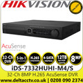 Hikvision iDS-7332HUHI-M4/S 32Ch 8MP H.265 AcuSense 4 SATA DVR, HDTVI/AHD/CVI/CVBS/IP Video Inputs, H.265 Pro+/H.265 Pro/H.265/H.264+/H.264 Video Compression, 4 SATA Interfaces and 1 eSATA Interface