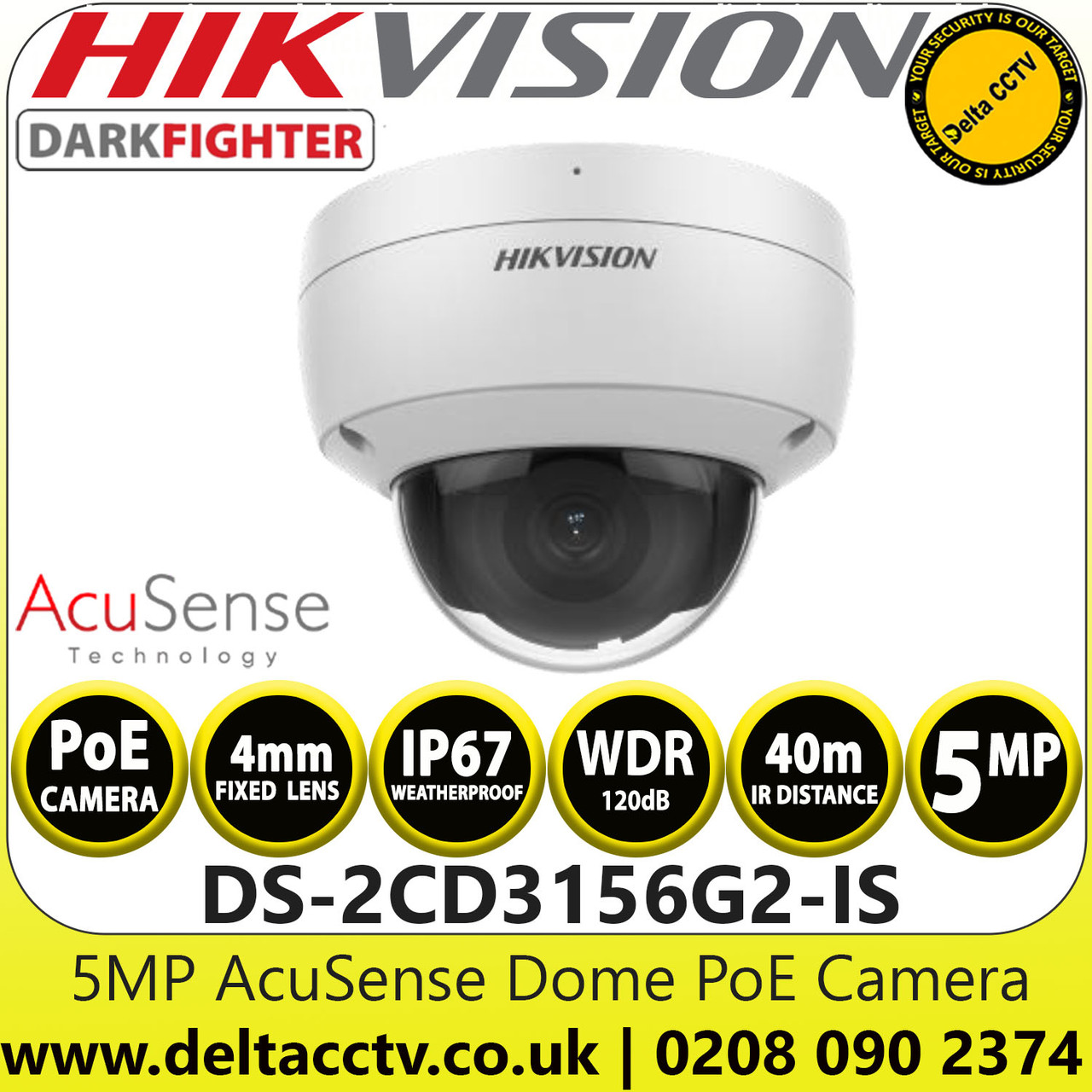 Hikvision 5MP AcuSense Fixed Lens Dome IP Network Camera, 40m IR Range ...