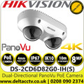 Hikvision 8MP/4K Dual-Directional PanoVu PoE Network Camera, 1/2.5" Progressive Scan CMOS,  Dual Lens, Built-in Micro SD/SDHC/SDXC Card Slot, Up to 256 GB - DS-2CD6D82G0-IH(S) (4mm)
