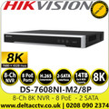Hikvision 32MP 8 Channel 8 PoE 2 SATA 8K NVR, H.265+/H.265/H.264+/H.264 Video Formats - DS-7608NI-M2/8P