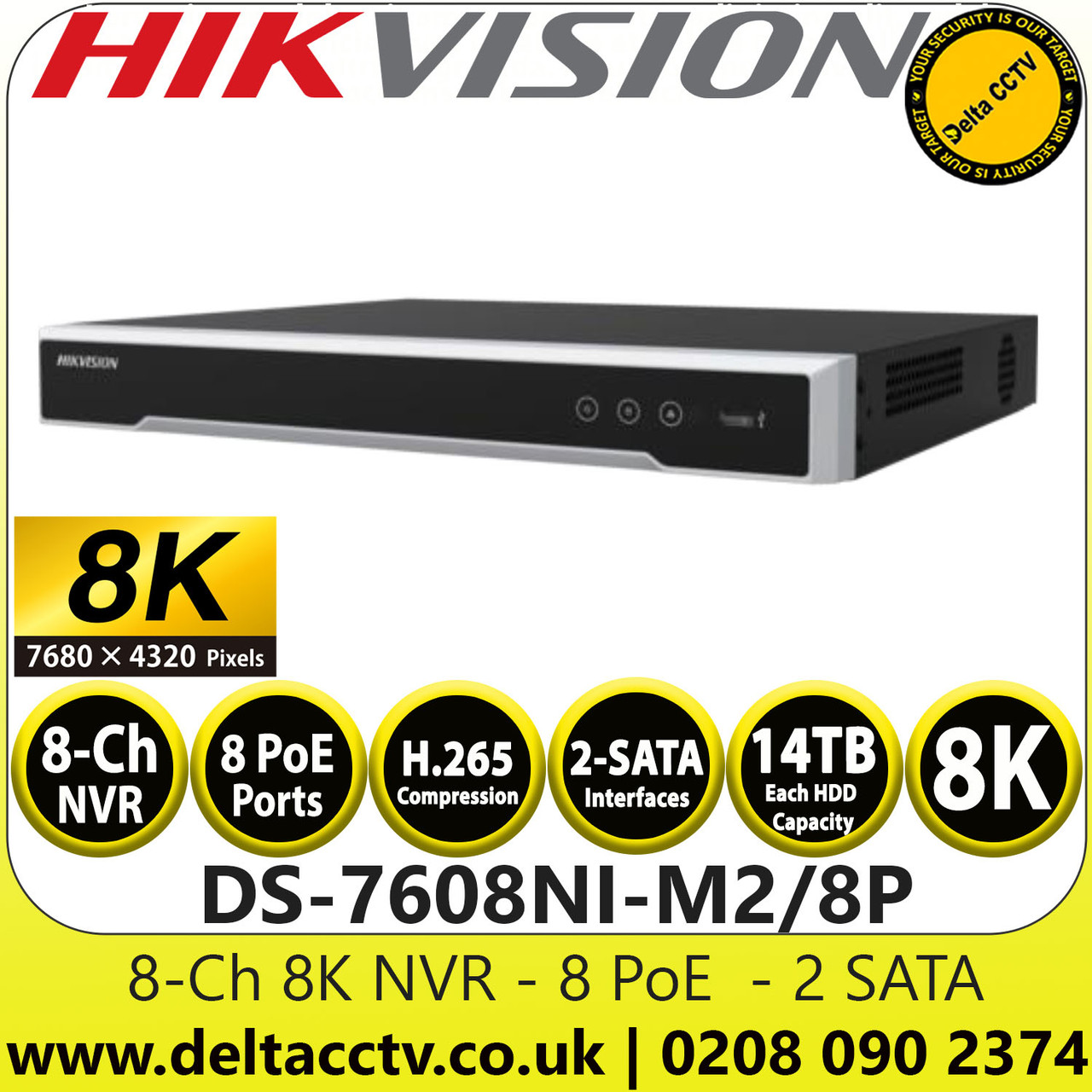 Hikvision 32MP 8 Channel 8 PoE 2 SATA 8K NVR, H.265+/H.265/H.264+/H.264 ...