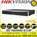 Hikvision 4Ch PoE 1U K Series AcuSense 4K NVR, Up to 4-ch IP camera inputs, plug & play with 4 power-over-Ethernet (PoE) interfaces H.265+/H.265/H.264+/H.264 video formats -  DS-7604NXI-K1/4P 