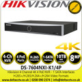 Hikvision DS-7604NXI-K1/4P 4 Channel PoE 1U K Series AcuSense 4K NVR, Up to 4-ch IP camera inputs, plug & play with 4 power-over-Ethernet (PoE) interfaces H.265+/H.265/H.264+/H.264 video formats 