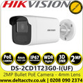 Hikvision 2MP Bullet IP PoE Camera, High Quality Imaging with 2MP Resolution Clear Imaging Against Strong Back Light Due to DWDR Technology Efficient H.265+ Compression Technology - DS-2CD1P23G0-I(UF) (4mm)