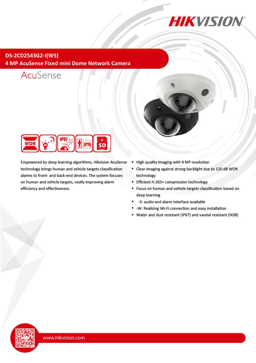 Hikvision DS-2CD2543G2-IWS 4MP IP Acusense Mini Dome Audio PoE W-Fi 2.8mm