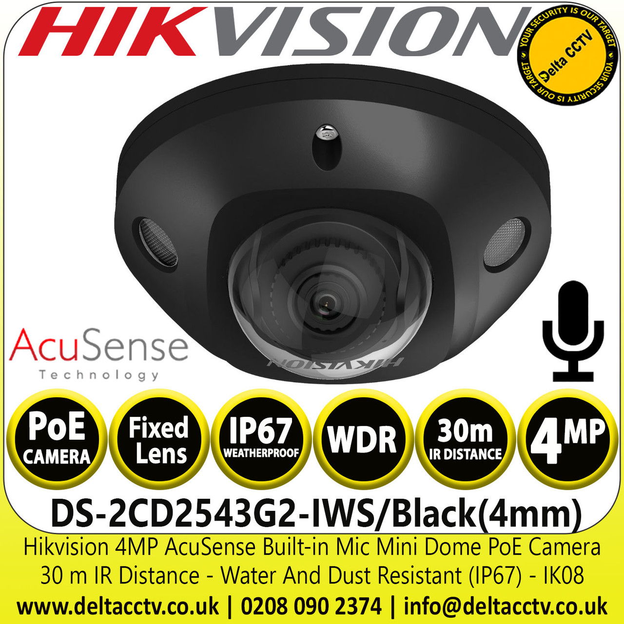 Hikvision DS-2CD2543G2-IS/Black (4mm) 4MP AcuSense Outdoor Built-in Mic ...