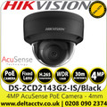 Hikvision DS-2CD2143G2-IS/Black (4mm) 4MP AcuSense IP Network Black Dome Camera with 4mm Lens, 30m IR Range, IP67, IK10, WDR, H.265+ Compression Technology, BLC, HLC, 3D DNR, Built-in microSD, up to 512 GB 