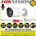 Hikvision 4MP Outdoor Night-vision Smart Hybrid Light with ColorVu Mini Bullet Network Camera with 4mm Fixed Lens, 40m White Light Range, 130dB WDR, 24/7 Colorful Imaging, IP67 Water and Dust Resistant - DS-2CD2047G2H-LIU (4mm)