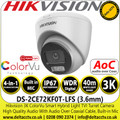 Hikvision 3K AoC (Audio Via Coaxial) Smart Hybrid Light Audio TVI Turret Latest CCTV Camera With 3.6mm Fixed Lens, 40m White Light Distance, Built-in Mic - DS-2CE72KF0T-LFS (3.6mm)