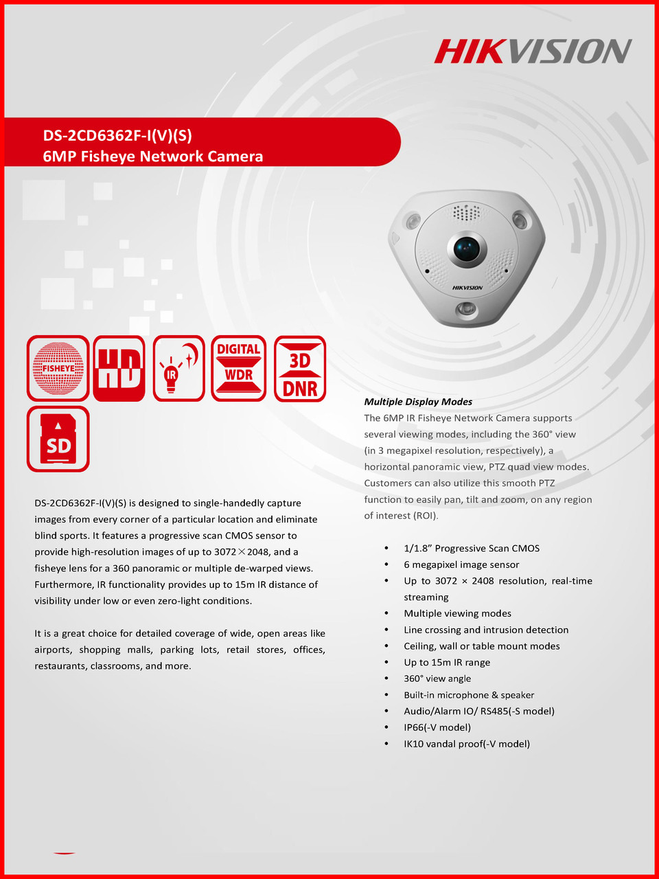 Hikvision DS-2CD6362F-IVS 6MP 1.27mm lens 15m IR range IP66 IK10