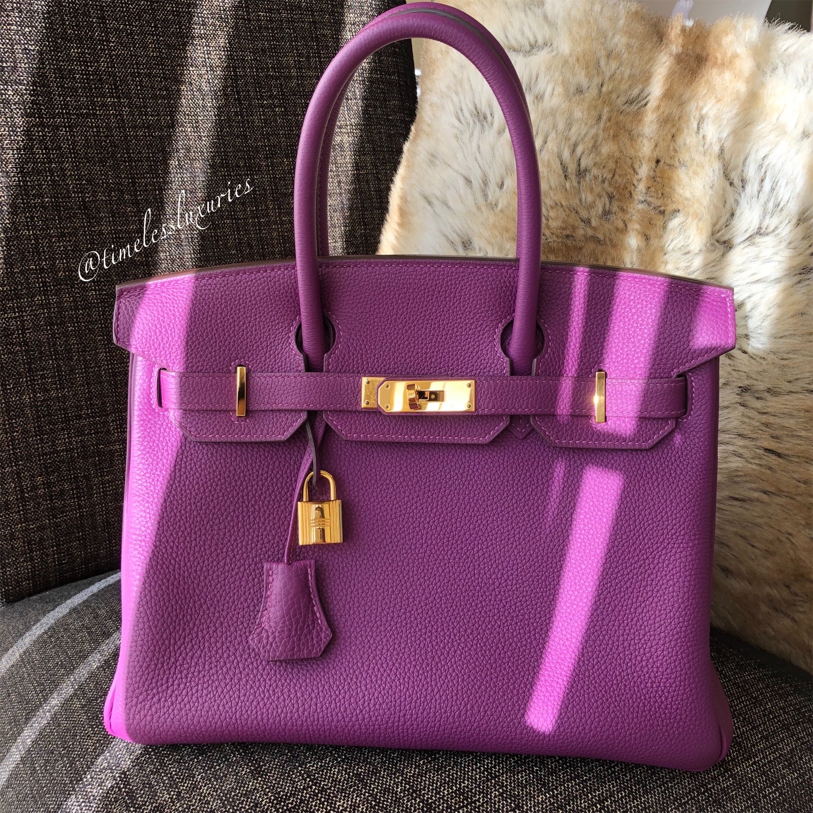 Pre-owned Hermes Special Order (HSS) Birkin 30 Etoupe and Vert Fonce Togo Brushed Palladium Hardware Pink/Purple Madison Avenue Couture