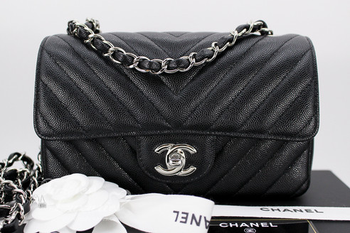 chanel mini caviar chevron rectangle silver hw flap bags timeless classic
