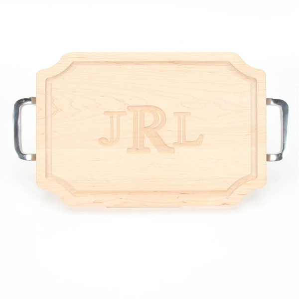 Carved Monogram 12" x 18" Scalloped Maple Cutting Board w/Polished Handles and Laser Engraved Signatures