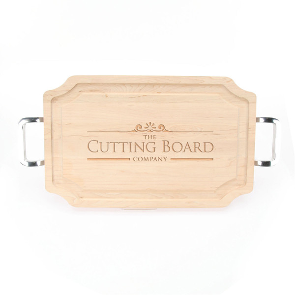 Logo Engraved 15" x 24" Scalloped Maple Cutting Board w/Polished Handles and Laser Engraved Signatures