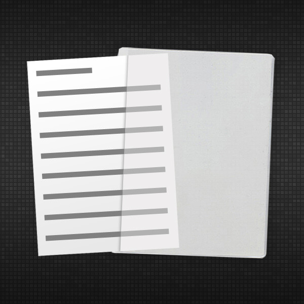 High-quality clear vinyl sleeve. Use as a sheet protector or document holder. Made from heavy 8-gauge clear material on the front and back