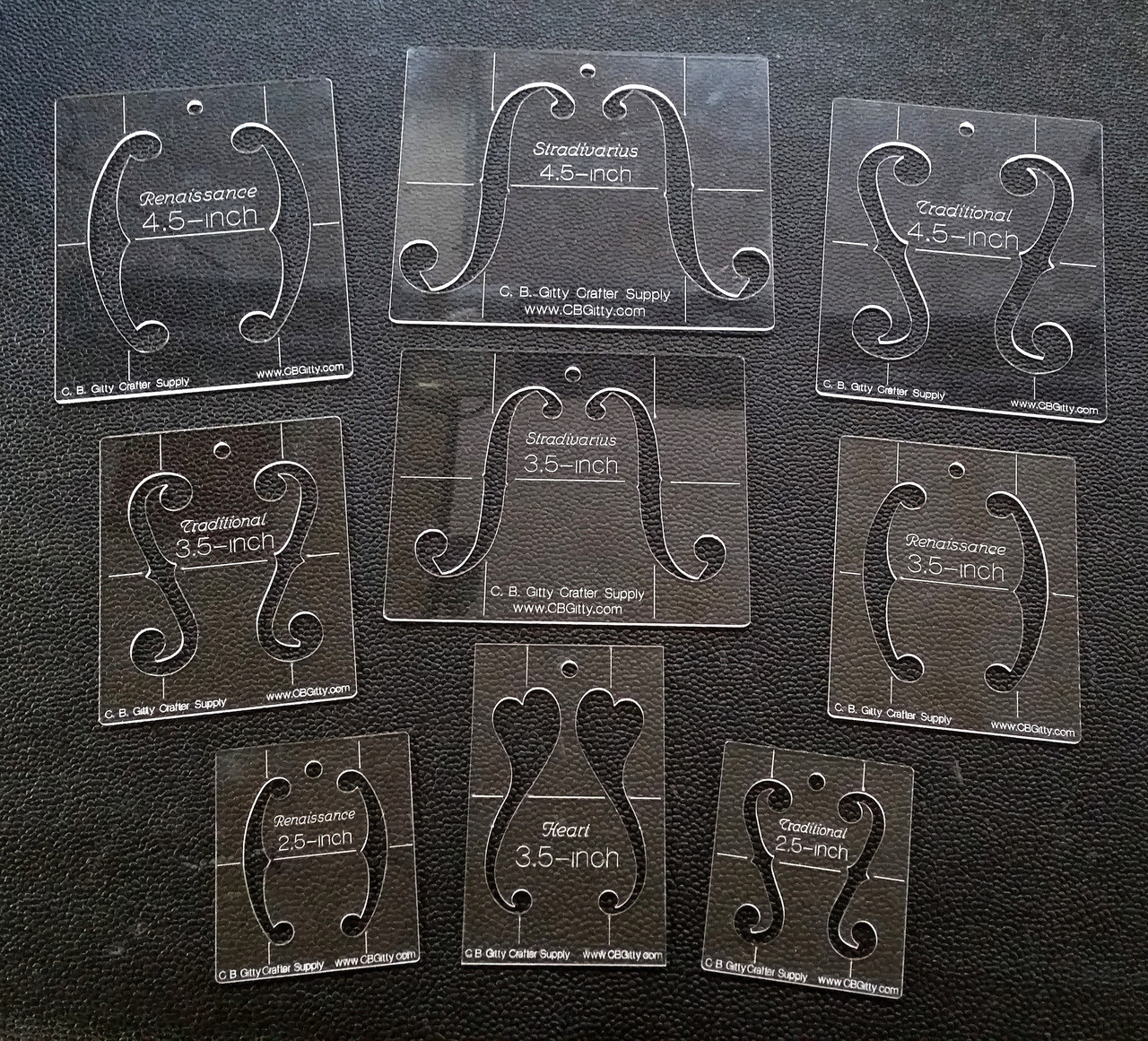 9pc. set of custom F-hole Stencil Templates - 4 different classic