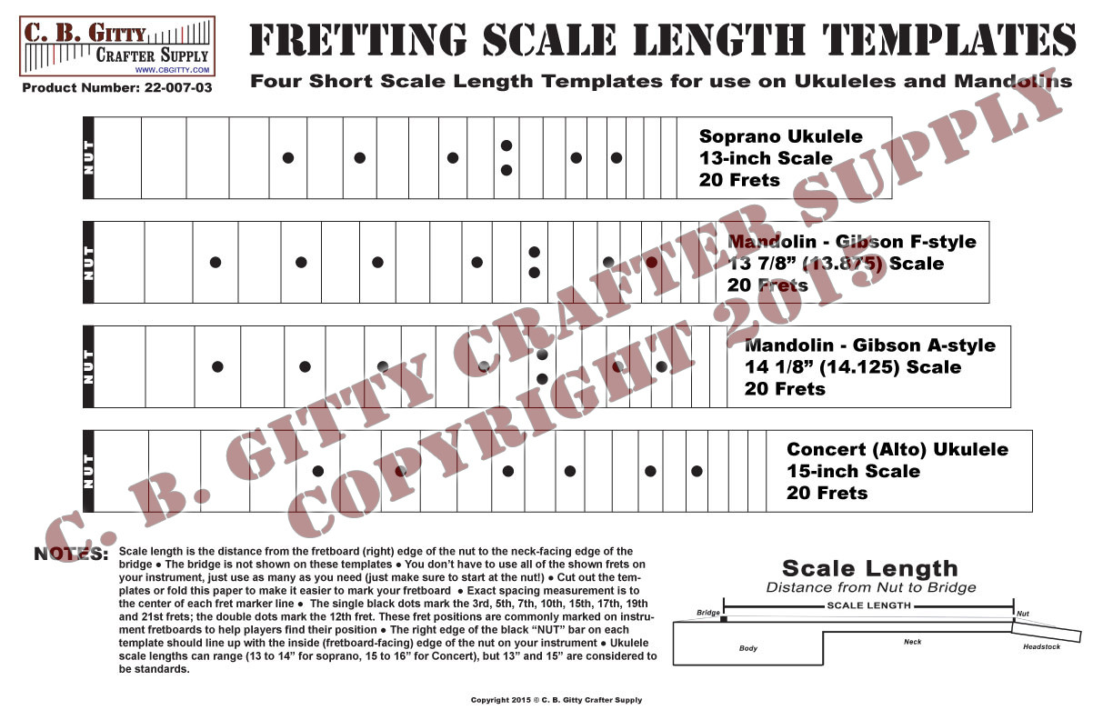 Ukulele and Mandolin Fretting Scale Length Template - 4 Short-length