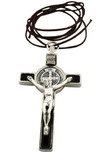 3" Colored Enamel St. Benedict Crucifix with Round St. Benedict Medal, Cord, and Booklet (Silver-tone w/ Black enamel)