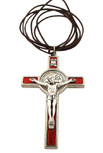 3" Colored Enamel St. Benedict Crucifix with Round St. Benedict Medal, Cord, and Booklet (Silver-tone w/ red enamel)