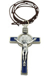 3" Colored Enamel St. Benedict Crucifix with Round St. Benedict Medal, Cord, and Booklet (Silver-tone w/ blue enamel)