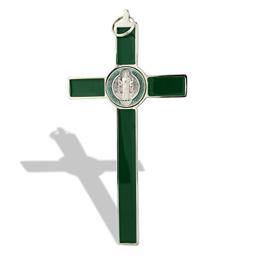 Saint Benedict Wall Crucifix with Colored Enamel (Silver-Green ...