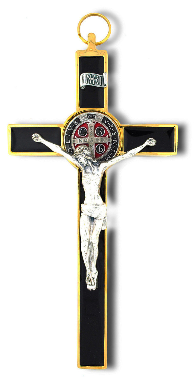 Saint Benedict Wall Crucifix with Colored Enamel (GoldBlack) Trinity
