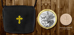 Black Burse with yellow details. Gold and Silver Pyx featuring grapes and wheat.