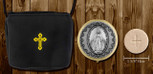 Black burse with yellow details. Silver Pyx featuring the Immaculate Conception.