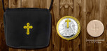 Black burse with yellow details. Gold and silver Pyx with gold cross (JHS).
