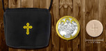 Black burse with yellow detailing. Gold and silver Pyx featuring The Last Supper.