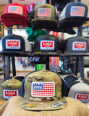 NEW order, our famous baseball hat, (centered KING quality-embroidered FLAG patch logo) Med Crown, Summer Ball Cap, Camo Solid Black Mesh, Adjustable Snapback, 24.99 ea. (KBflagMedCrownSummerCap12)