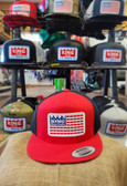 NEW order, our famous baseball hat, (centered KING quality-embroidered FLAG patch logo) Med Crown, Summer Ball Cap, Red Solid Black Mesh, Adjustable Snapback, 24.99 ea. (KBflagMedCrownSummerCap13)