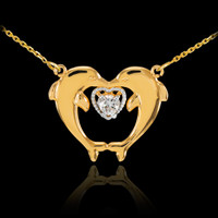 14k Gold Two Dolphins CZ Necklace