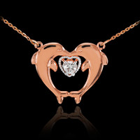 14k Rose Gold Two Dolphins CZ Necklace
