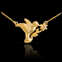 14k Gold Hummingbird with Diamond Flower Necklace