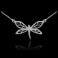 14k White Gold Diamond Dragonfly Filigree Necklace