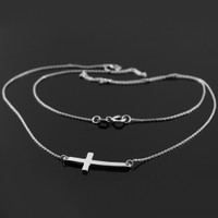 14K Solid White Gold Sideways Curved Cute Cross Necklace