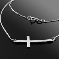 14K Solid White Gold Sideways Curved Cross Necklace