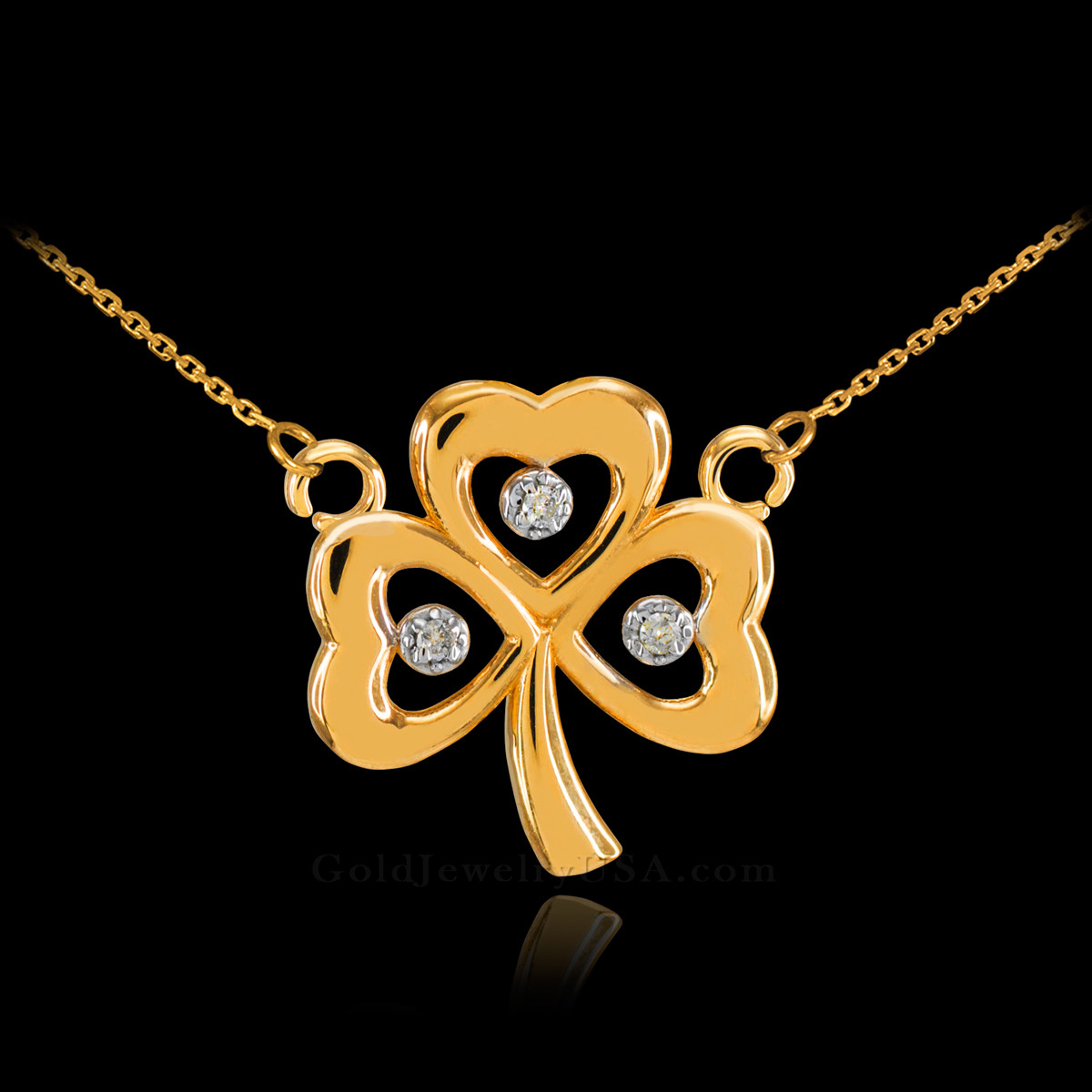 14K Gold 3-Leaf Diamond Shamrock Clover Necklace
