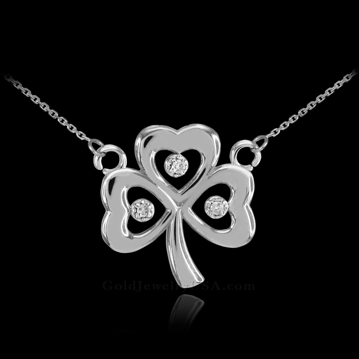 14K White Gold 3-Leaf Diamond Shamrock Clover Necklace