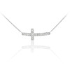 14K White Gold Diamond Sideways Cute Curved Cross Necklace