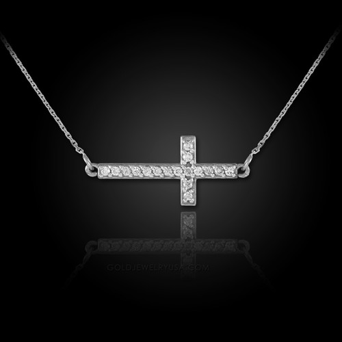 white gold sideways cross diamond necklace