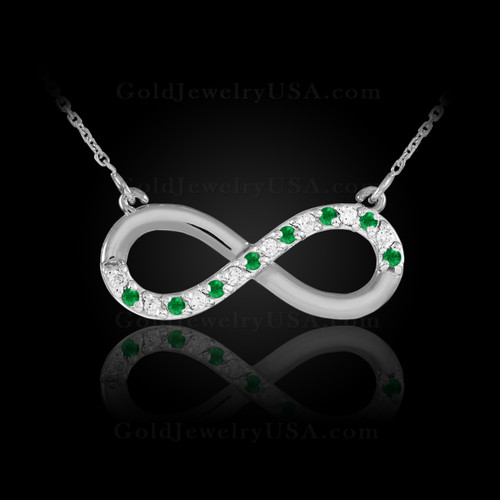 White Gold Infinity necklace with diamonds and emeralds