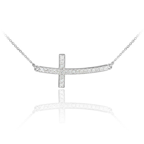 14K White Gold Sideways Diamond Curved Cross Pendant Necklace