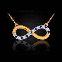 Gold infinity diamond necklace with blue sapphires.